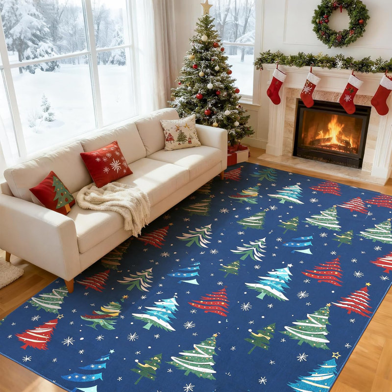 Rug, Christmas Rugs with Xmas Tree Pattern for Holiday Decor, Non Slip Low Pile Washable Rug for Kitchen, Entryway, Living Room, Bedroom, 