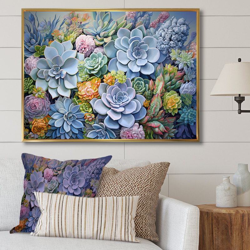 «Blue Succulent Dessert Charm» sur toile, H 16 po x l 32 po x P 1 po, Cadre flottant doré
