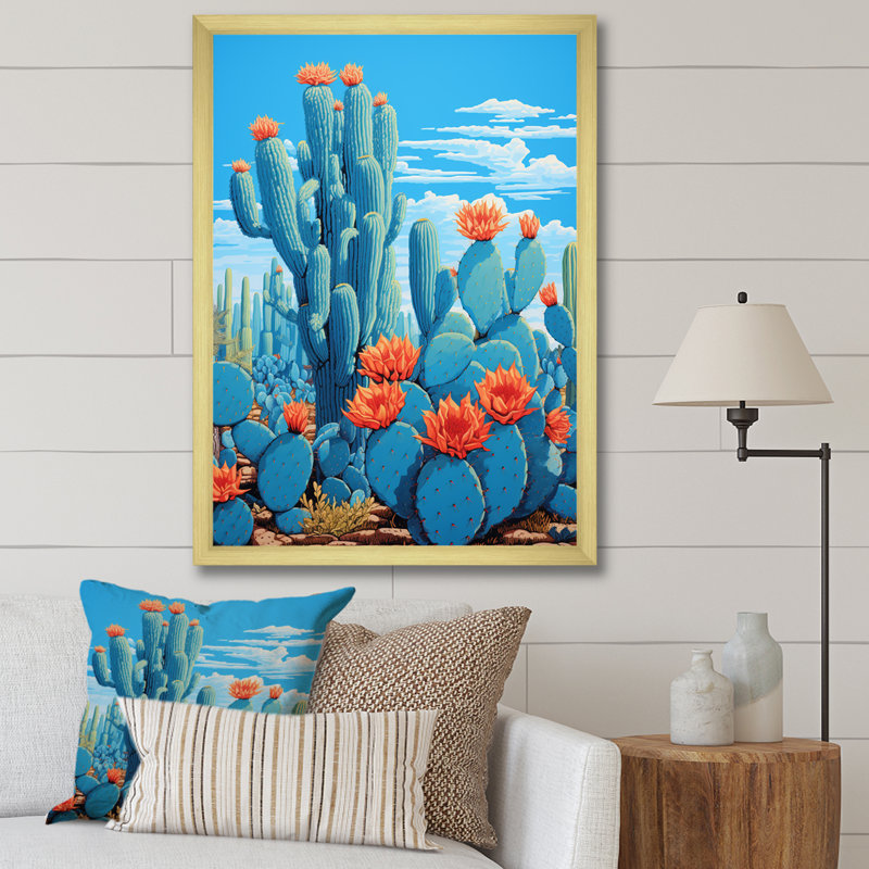 Cerulean Blue Cactus Collage sur toile, Cadre doré simple, H 20 po x l 12 po x P 1 po