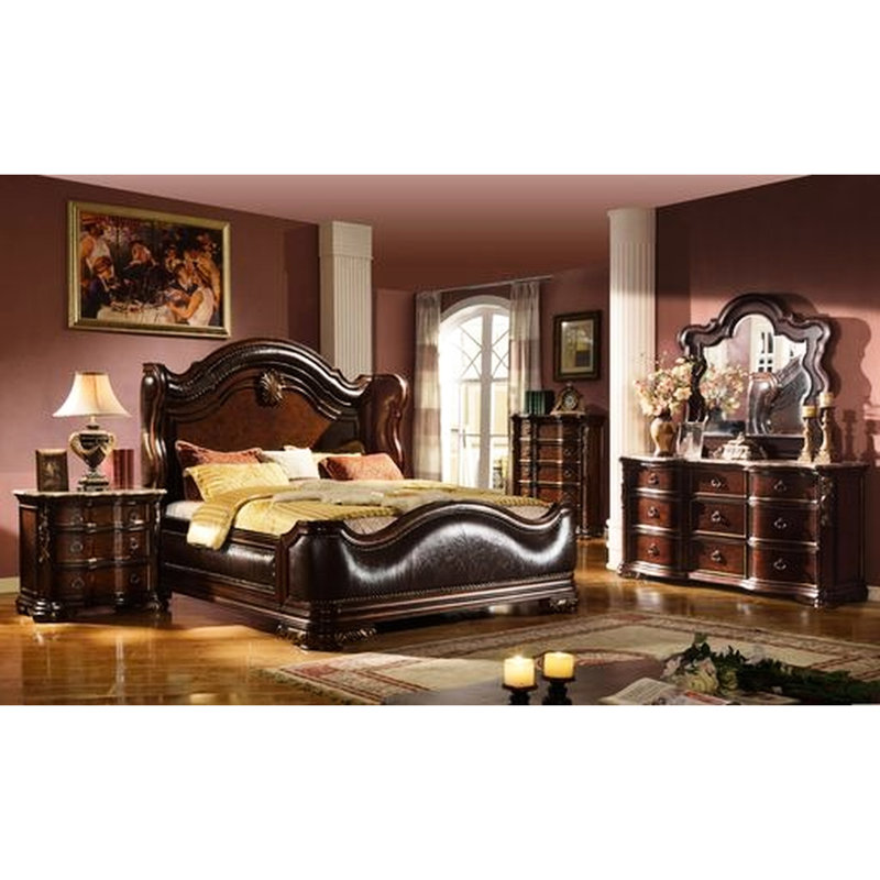 Très grand lit 4 pièces avec composants rembourrés, aspect noyer foncé, dessus en marbre sur la commode et la table de chevet, rangement pleine extension