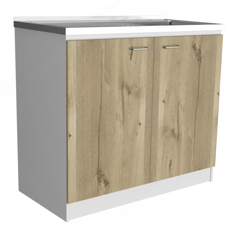 Évier et armoire utilitaire rectangulaire en chêne clair à 2 portes, Beige