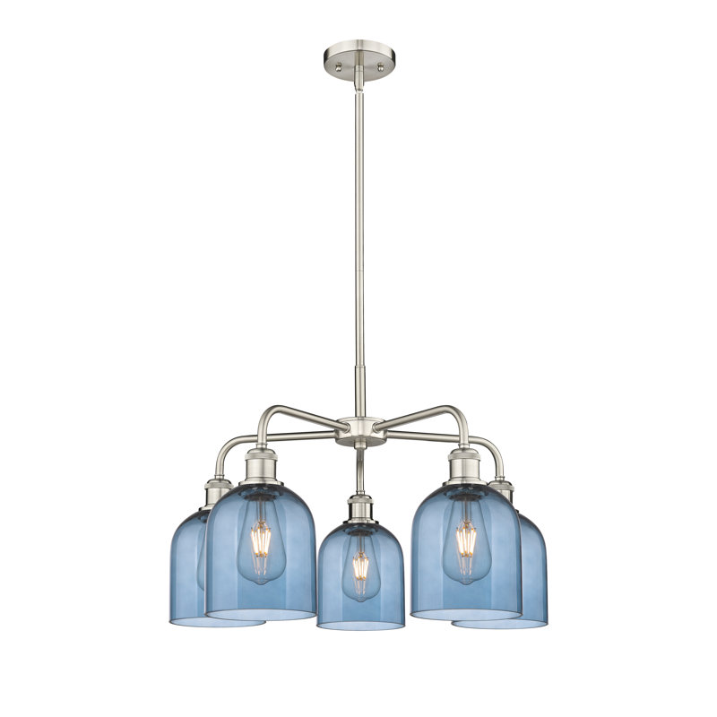 Odaniel 5 - Light Steel Dimmable Bell Chandelier, Princess Blue, Satin Nickel