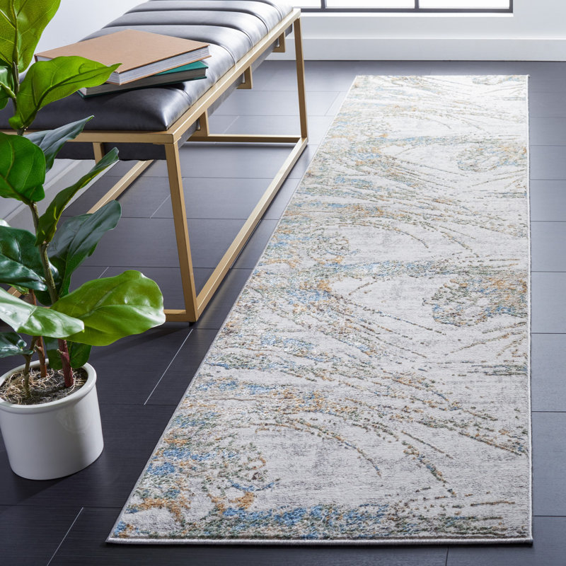 Wayde Abstract Power Loom Grey / Turquoise Area Rug, Runner 2'2" x 9'