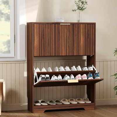 Shoe Cabinet for Entryway with 2 Flip Drawers,Narrow Fluted Shoe Rack Cabinet with Open Storage & Adjustable Shelf, Space-Saving Freestanding Slim Shoe Organizer