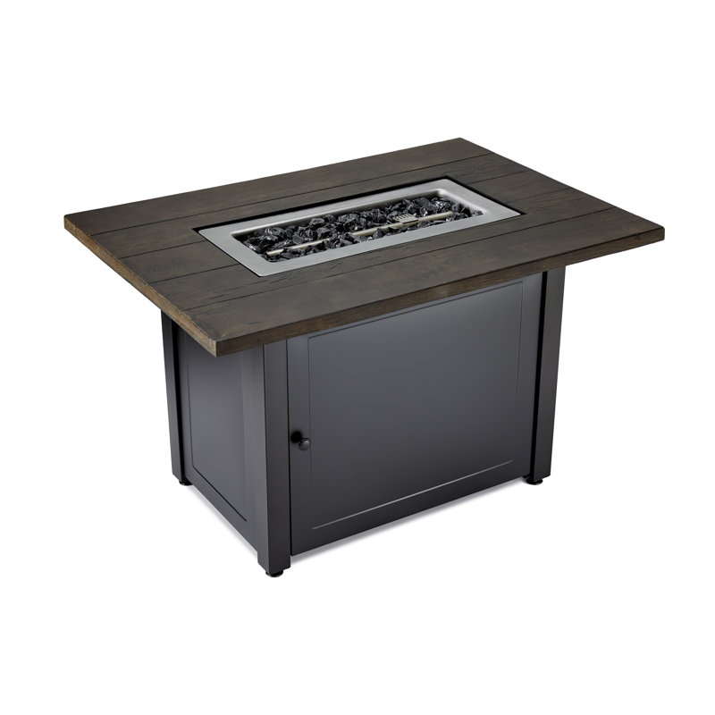 Kamden 40" x 28" Black Steel Gas Fire Pit Table with Faux Wood Mantel