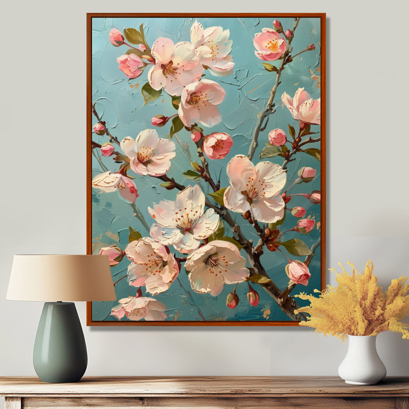 Fleur de cerisier rose - impression d'art mural, Toile avec cadre flottant brun, H 30 po x l 40 po x P 1,5 po