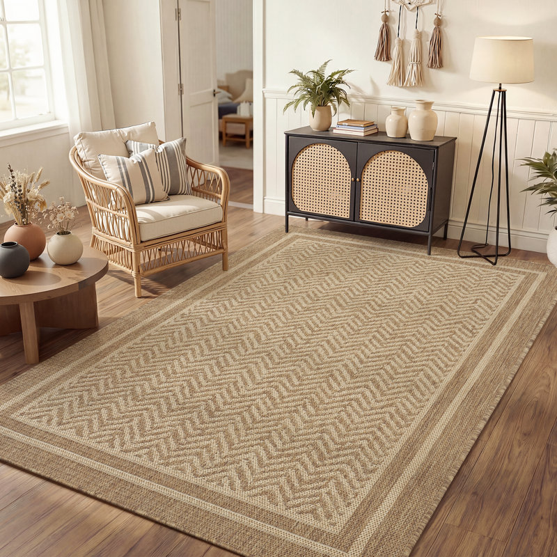 Modern Herringbone Geometric Indoor/Outdoor Area Rug, Rectangle 4' x 6', Beige/Brown