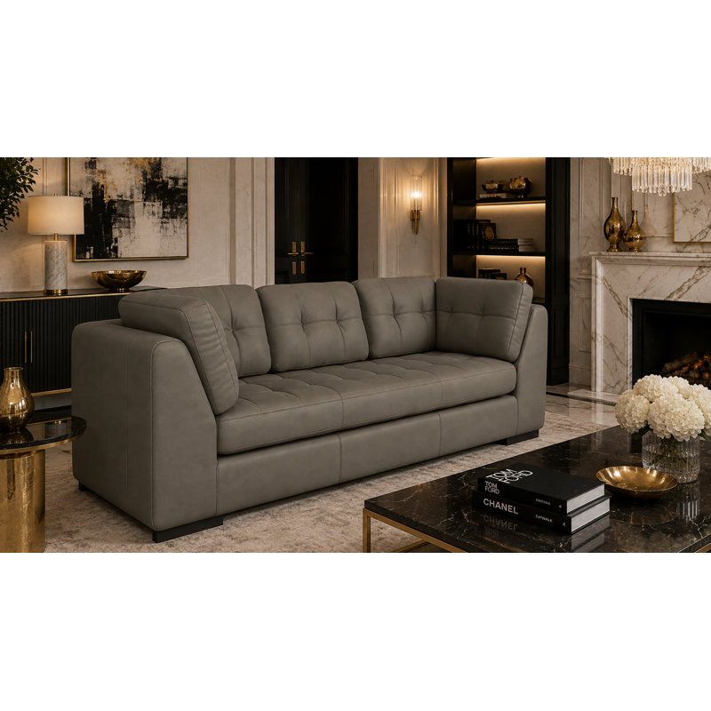 Canapé à accoudoirs en cuir véritable de 100 po Rameek, Light Gray