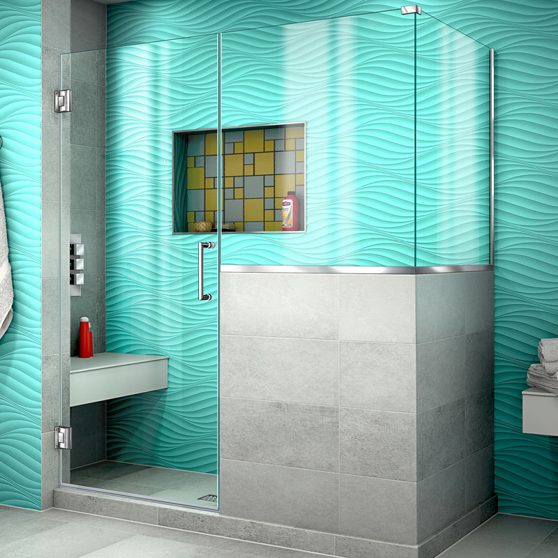 Unidoor Plus 58" W x 30.375" D x 72" H Frameless Pivot Rectangle Shower Enclosure with Fixed Panel, Chrome