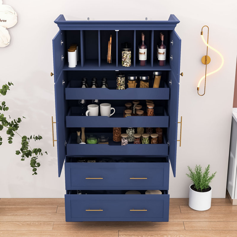 Garde-manger Farmhouse avec plateaux coulissants, tiroirs à fermeture en douceur et séparateurs de moules à gâteaux, Bleu