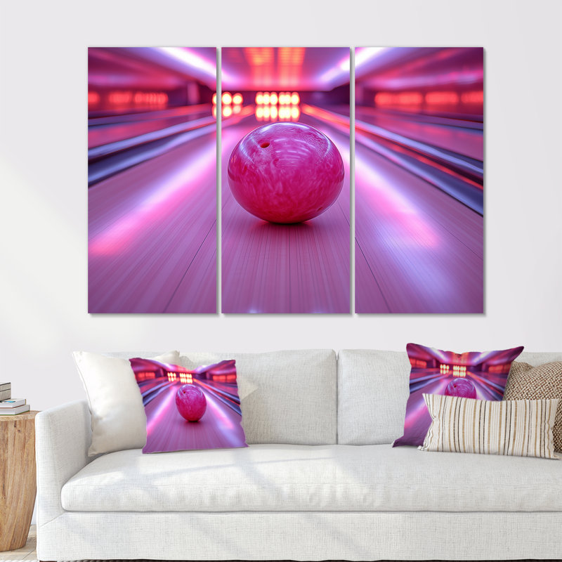 «Pink and Purple Bowling Strike Celebration» - ensemble de reproductions d'art mural, Toile tendue