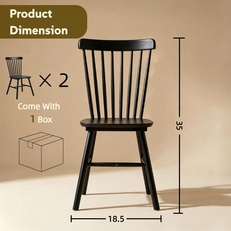 Chaises de salle à manger de style Mid-Century en bois massif de 17 po de largeur Windsor, 2, Black