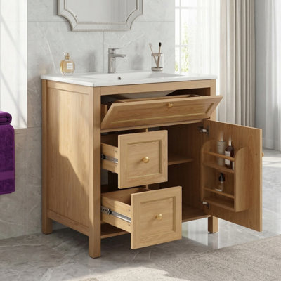 30'' Solid Wood Bathroom Vanity with Integrated Sink Top & Soft-Close Doors