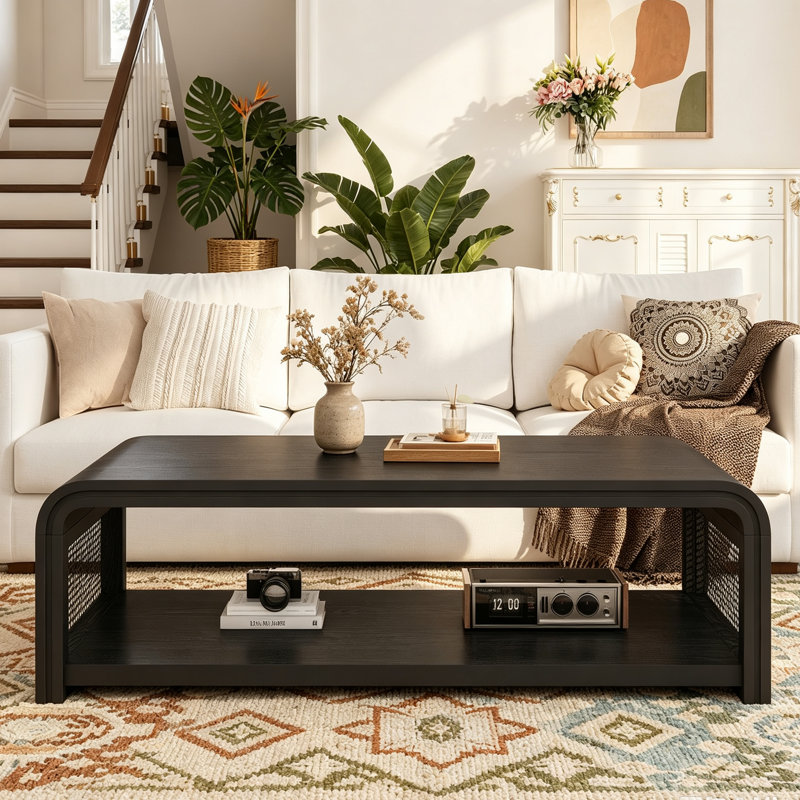 Table basse rectangulaire incurvée en rotin, table centrale de rangement à 2 niveaux en bois, table basse bohème de style ferme pour salon, appartement, décoration intérieure, noir