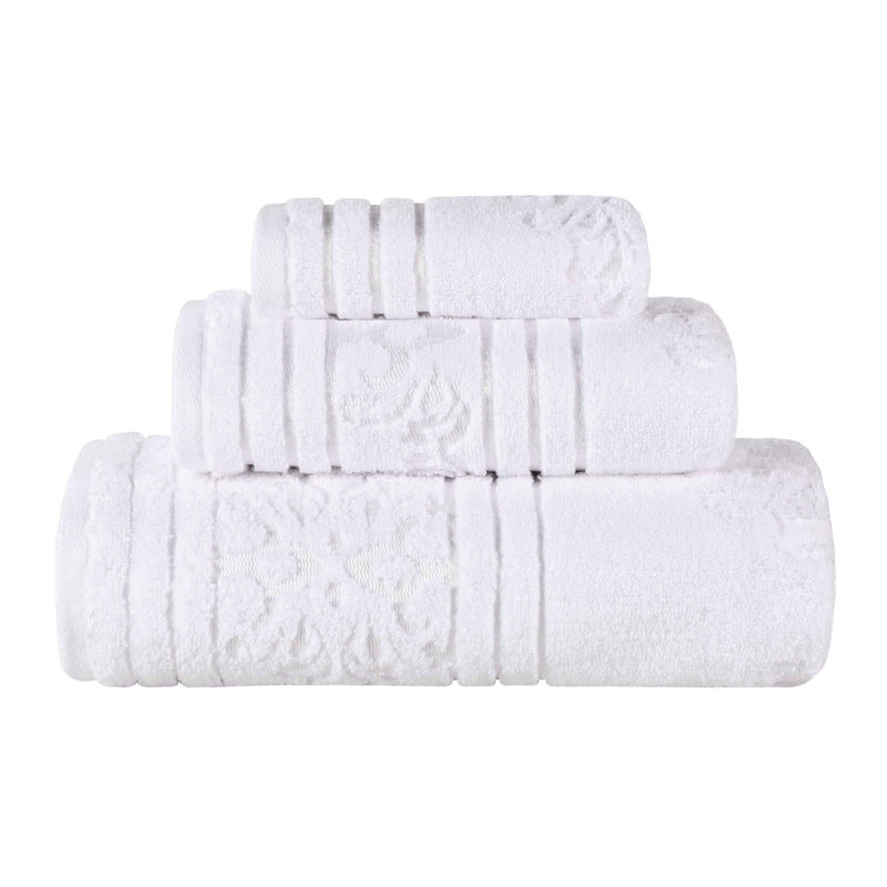 Ensemble de serviettes en coton uni et jacquard Sadie Zero Twist, Ensemble de serviettes - 3 pièces, Blanc, Floral