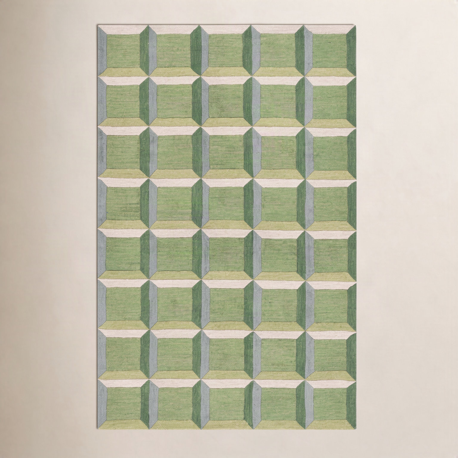 Giedre Green Beige Hand-Tufted Wool Rug, Rectangle 2' x 3'