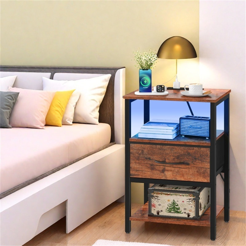 Modern LED Nightstand With Charging Station & Adjustable Fabric Drawer, Brown