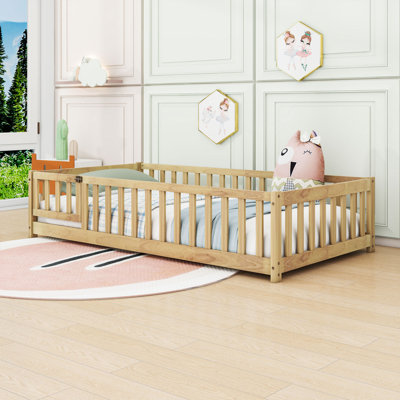 Wooden Low-Floor Bed With Enclosed Fence Design And Door