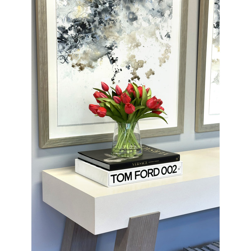 Real Touch Tulips in Glass Vase, Dark Pink