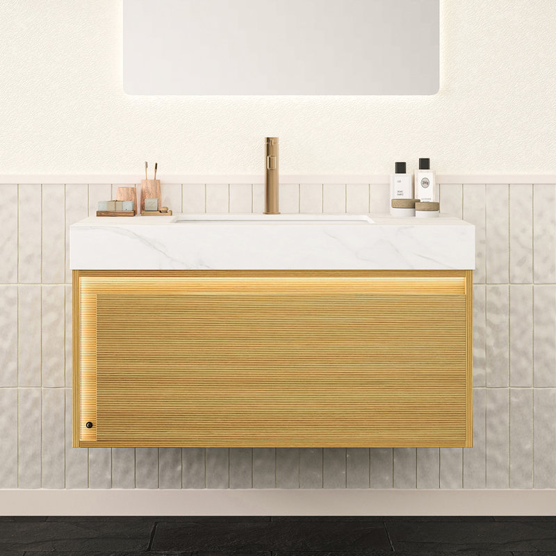 Meuble-lavabo blanc en pierre frittée blanche 36 po, rangement en contreplaqué flottant, grille ultra-mince, tiroir avec éclairage à capteur DEL, DEL de détection de mouvement pré-assemblée,