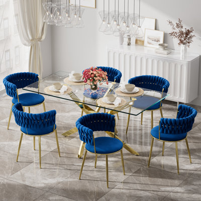 Clear Rectangle Pedestal Dining Set with Weaven Velvet Dininig Chair