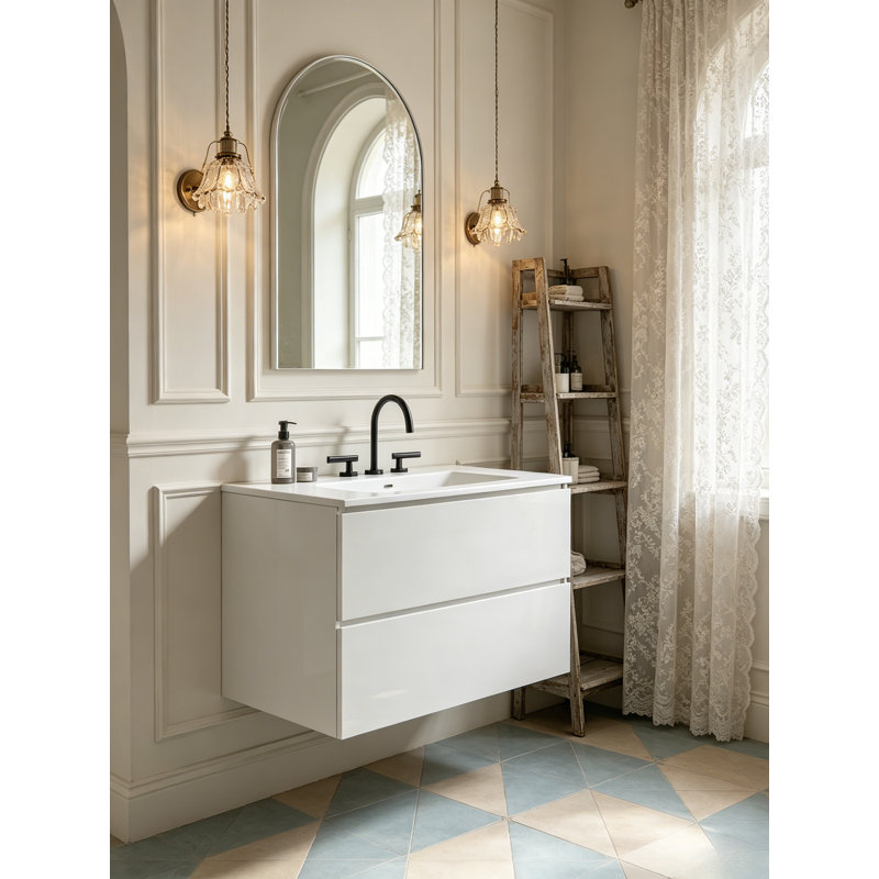 Meuble-lavabo mural flottant avec lavabo en céramique et tiroirs à fermeture en douceur, White, 30"