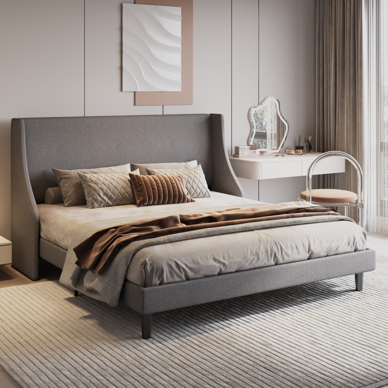 Lit plateforme tapissier Toderick avec aile de luxe et mélange de lin, Très grand, Gris clair