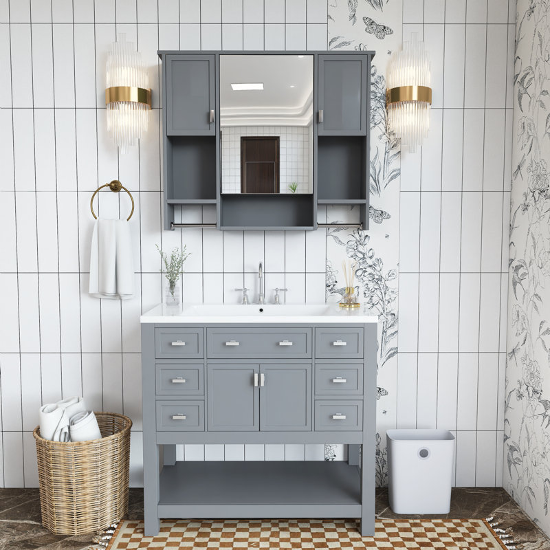 Ensemble de meuble-lavabo simple 36 po avec plateau en céramique et armoire à pharmacie Seta, Gris