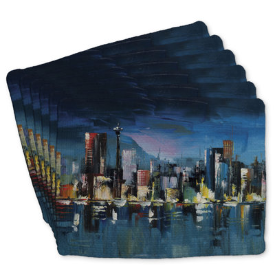 Braided Polyester Eiver - Abstract Blue Cityscape Set of 6