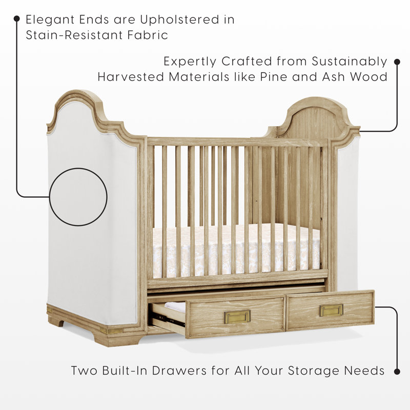 Paris 4-In-1 Convertible Crib With Underdrawer, Whitewash Ash With Lace