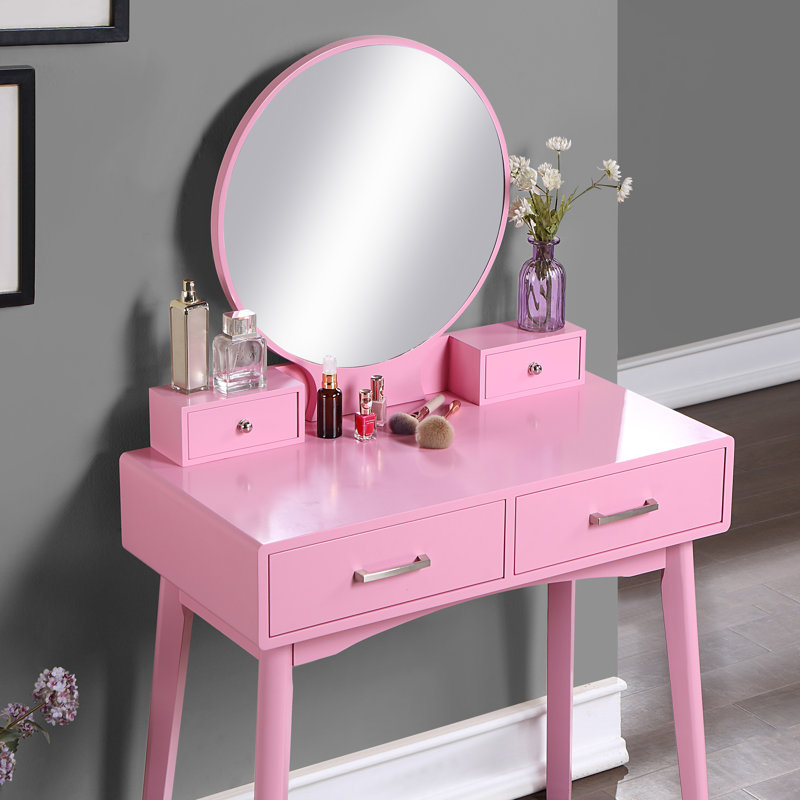 Coiffeuse et tabouret élégants en bois rose pour la décoration intérieure, avec tiroir de rangement, pattes de coiffeuse et plateau rembourré.