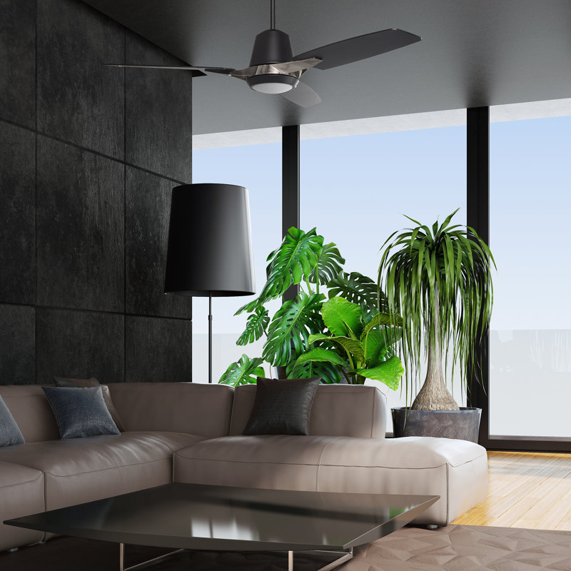 52'' Exton 3 - Blade LED Smart Standard Ceiling Fan with Wall Control and Light Kit Included., Black