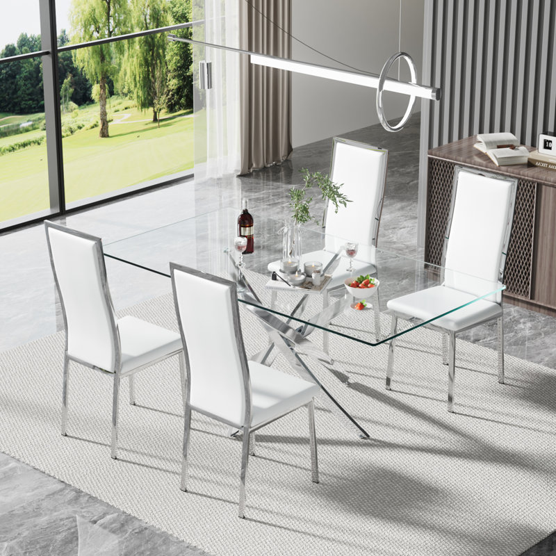 Ensemble de salle à manger rectangulaire à piédestal en verre, 5, Blanc, Argent argent