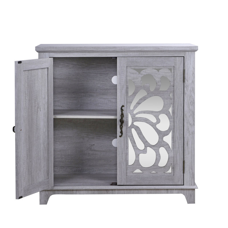 Élégant buffet avec 2 portes en miroir, gris, design creux, grain de bois 3D, pour le hall d'entrée et le décor spacieux avec tablette réglable, espaces de cuisine