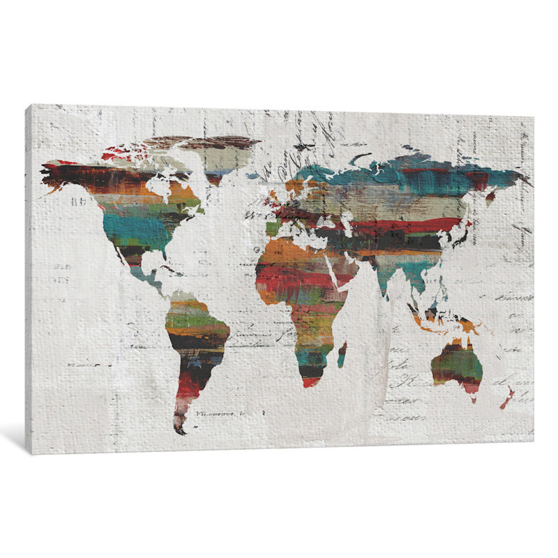 «Painted World Map IV», reproduction d'art sur toile tendue, H 24 po x l 32 po x P 1 po, Papier beaux-arts encadré noir