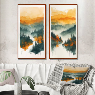 Ensemble de 2 pièces d'art mural orange et vert forêt sauvage au coucher du soleil I