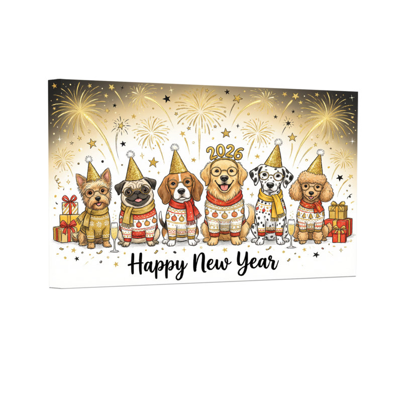 Animaux, bonne année, chiens avec feux d'artifice, H 12 po x l 18 po