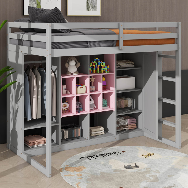 Lit mezzanine simple avec garde-robe intégrée, tablettes, armoire et marches, Gris / Rose