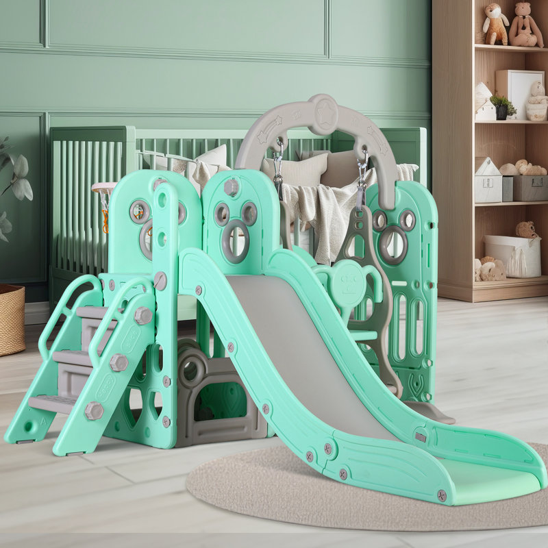 Ensemble de glissade et de balançoire pour tout-petits 6 en 1, équipé d'un panier de basketball et d'un espace de rangement spacieux, d'un centre de jeu sécuritaire pour les bébés, d'un terrain de jeu intérieur idéal pour les petits garçons dans la cour