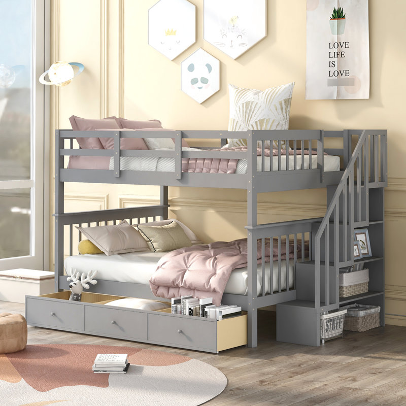 Lit superposé d'escalier de chambre à coucher avec tiroir et rangement, ton gris durable, Grey