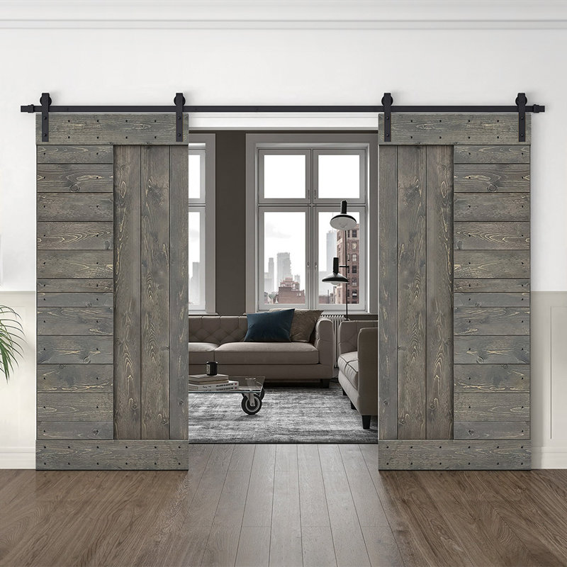 Porte de grange à panneaux et en bois avec quincaillerie d'installation, 48 po x 84 po, Gris patiné