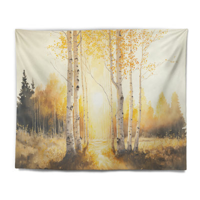 Tapisserie en polyester jaune Birches by the Lakeside VI