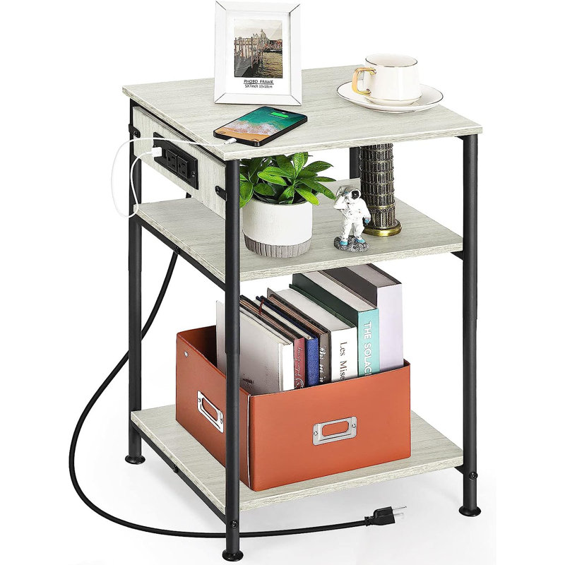 Allouette End Table and Built-In Outlets, Gray