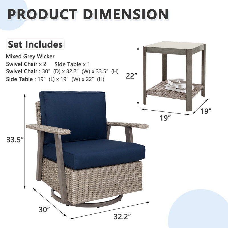 Arusha Antilles Howton 3-Piece 360-Degree Oversized Resin Wicker Outdoor Swivel Rocker Patio Chairs Set, Navy Blue