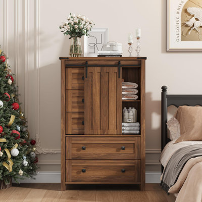Commode à 5 tiroirs avec porte de grange coulissante Farmhouse