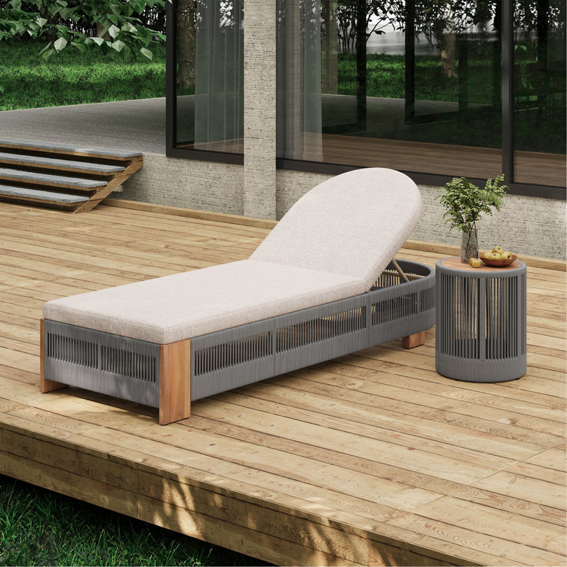Outdoor Rope Chaise Lounge, Patio Lounge Chairs, Outside Poolside Lounge Furniture, Teak Look Wood Side Table And Beige Cushions, Chaise Lounge With Adjustable Backrest
