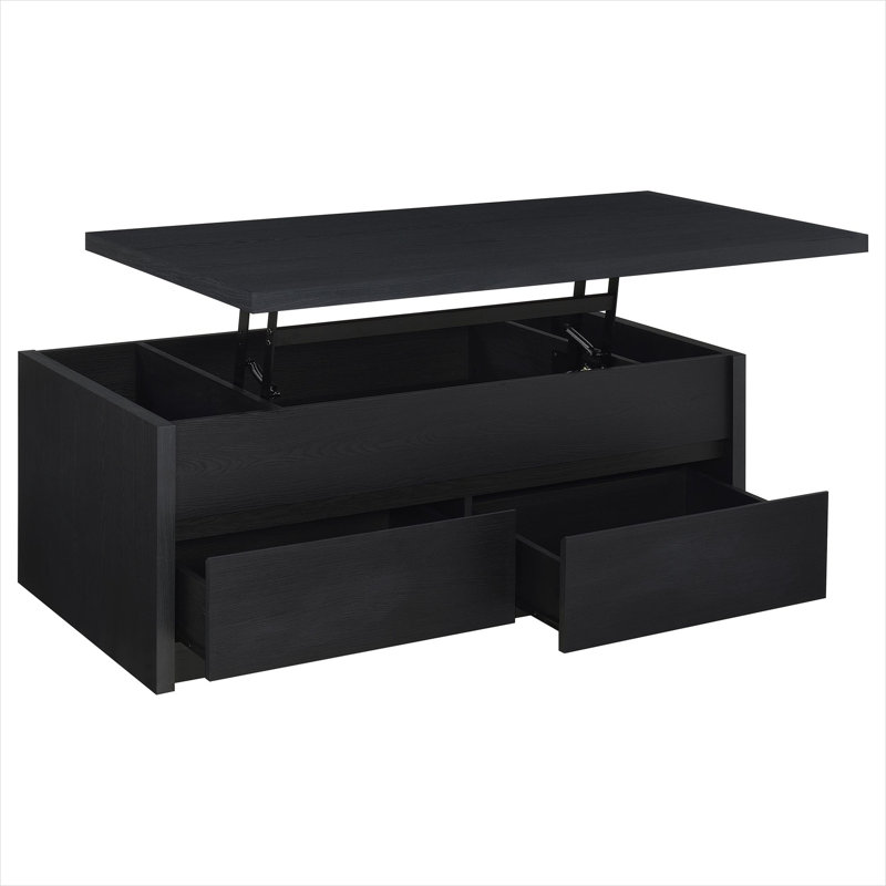 Ensemble de tables basses Living Room à plateau relevable en placage de bois véritable noir, 2 pièces rectangulaires avec tiroirs