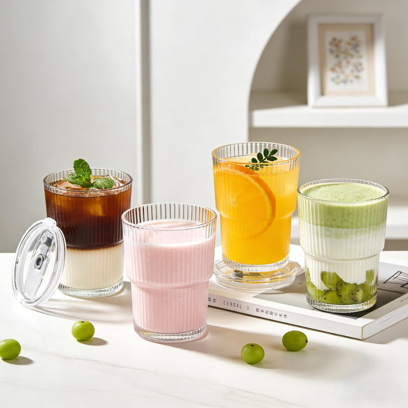Gobelet transparent en verre nervuré avec couvercle et paille - Tasse à café glacée réutilisable 16 oz, verre à rayures verticales pour jus, thé à bulles, smoothies