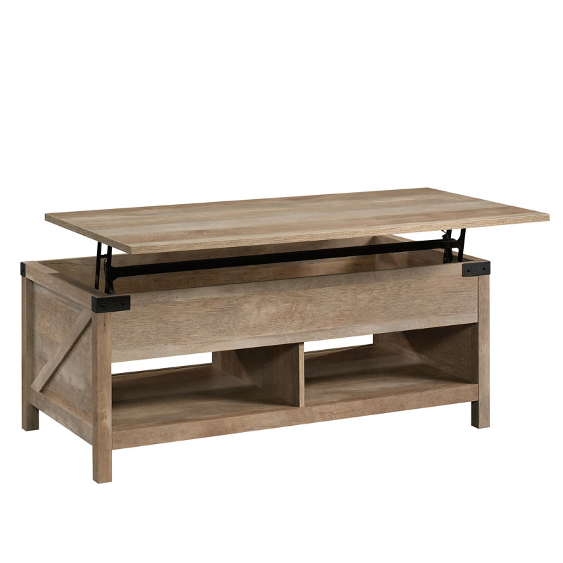 Table basse à plateau relevable brun, rangement dissimulé, tablettes ouvertes, plan de travail fini sur tous les côtés, espace polyvalent