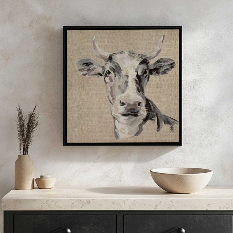 «Expressionistic Cow II Neutral Burlap» par Silvia Vassileva, reproduction d'art, 30 W x 30 H, Maple, Framed Canvas